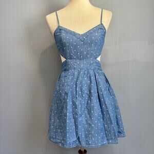 Abercrombie & Fitch Denim Polka Dot Cutout Mini Dress Valentine's Skater, Size S